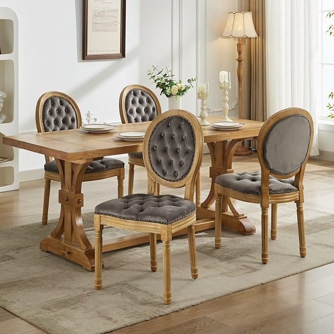Vintage French Dining Chairs Set of 2, Round Back Velvet Upholstered Accent Chairs with Nailhead Trim and Solid Wood Frame, Elegant Sillas de Comedor for Dining Room & Kitchen, Gray