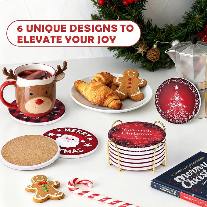 Christmas Coasters Set of 6, Absorbent Ceramic Xmas Holiday Drink Coasters | 4 - Image 2