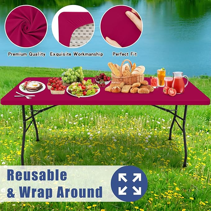 Spandex 8 Foot Rectangle Table Cloth 2 Pack, Elastic Fitted Tablecloths for Picnic, Stretch Washable Patio Table Cover for Outdoor, Camping, Banquet and Parties (Fuchsia, 30"x96")