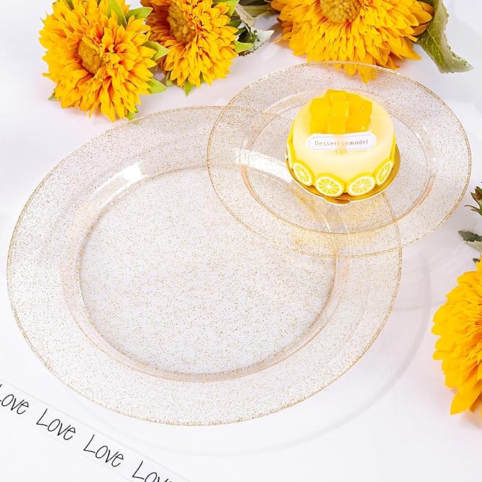 WDF 200PCS Gold Plastic Plates - Gold Glitter Plastic Plates - Heavy Duty Gold Glitter Disposable Plates - Include 100 Dinner Plates 10" and 100 Dessert Plate 7" for Party Wedding Valentine's Day