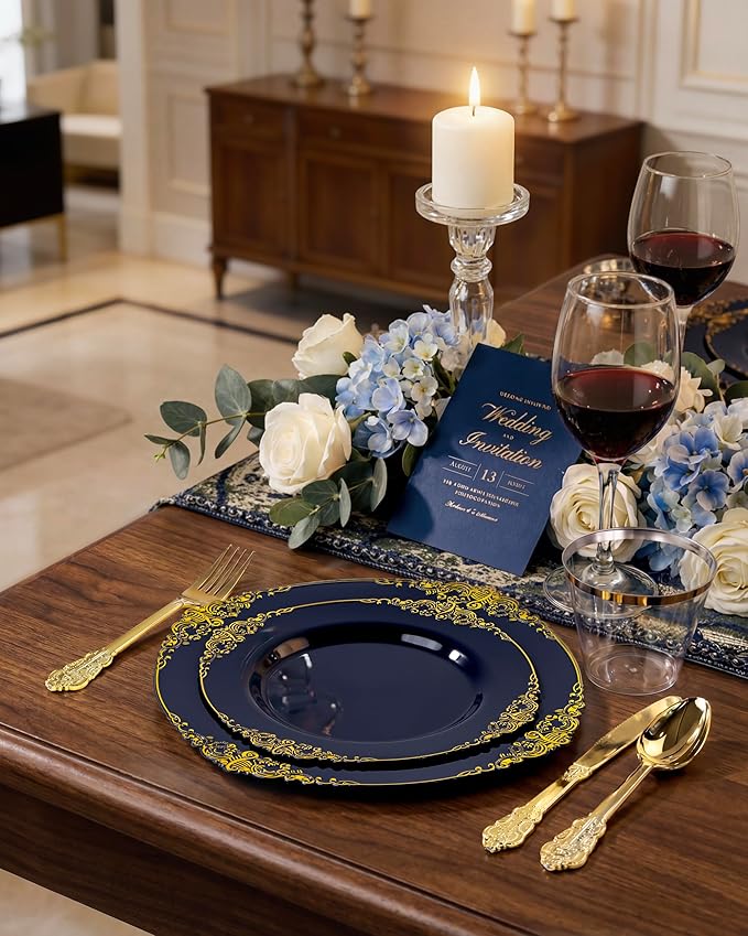 Nervure 350Pcs Blue Plastic Plates - Blue Gold Plastic Dinnerware Sets for 50 Guests - 100 Navy Gold Disposable Plates, 50 Pre Rolled Silverware, 50 Cups Perfect for Wedding & Party