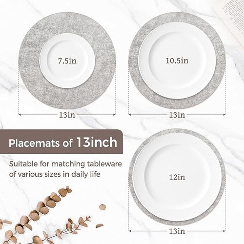 13" Round Placemats Set of 8, Reversible Faux Leather Heat Resistant Table Mats, Waterproof Oilproof Wipeable Table Protective Placemats for Vinyl, Washable for Indoor & Outdoor Use (8, Light Grey)
