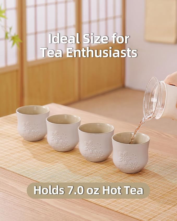 ZENS Japanese Tea Cups Set of 4 – 210ML Embossed Porcelain Japan Tea Cups - Image 6