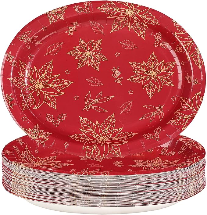 50Pcs Christmas Oval Paper Plates 10" x 12" Large Disposable Heavy Duty Red Gold Flower Poinsettia Paper Platters Xmas Poinsettia Themed Dessert Plates for Christmas Winter Holiday Party Supplies