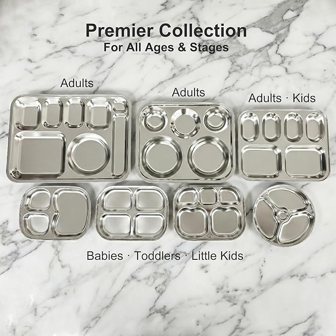 Korean Stainless Steel Divided Plates for Toddlers, Kids, Babies, 8-Inch, Premium 304, Electro-Polished, No Black Residue, BPA-Free, Round 3-Compartment Food Tray, Camping, Diet Control, Set of 2
