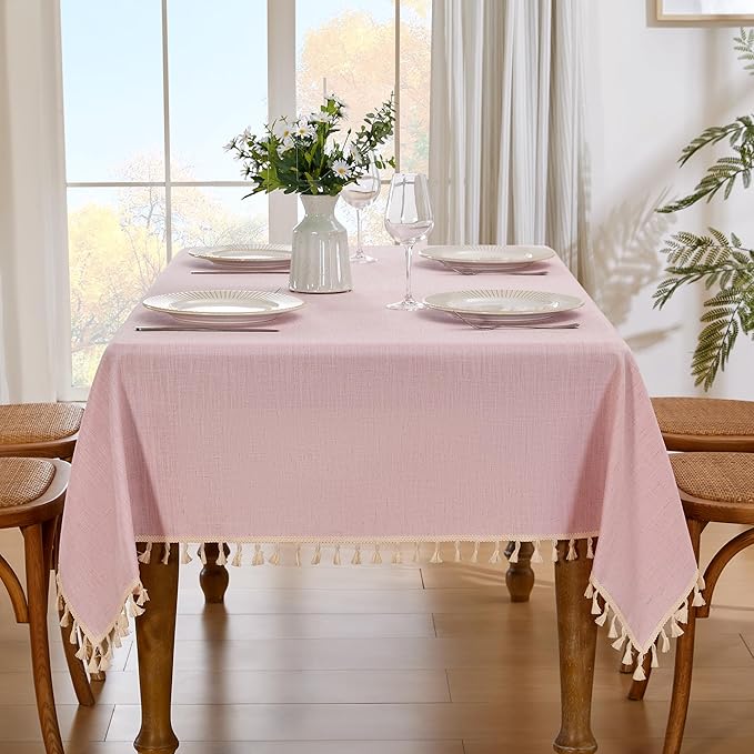 JIALE Valentines Textured Tablecloth, Heavy Duty Linen Style Farmhouse Table Cloth Rectangle Table, Wrinkle-Free Washable Waterproof Table Cover for Kitchen, Dining, Parties, 55"x106", Pink