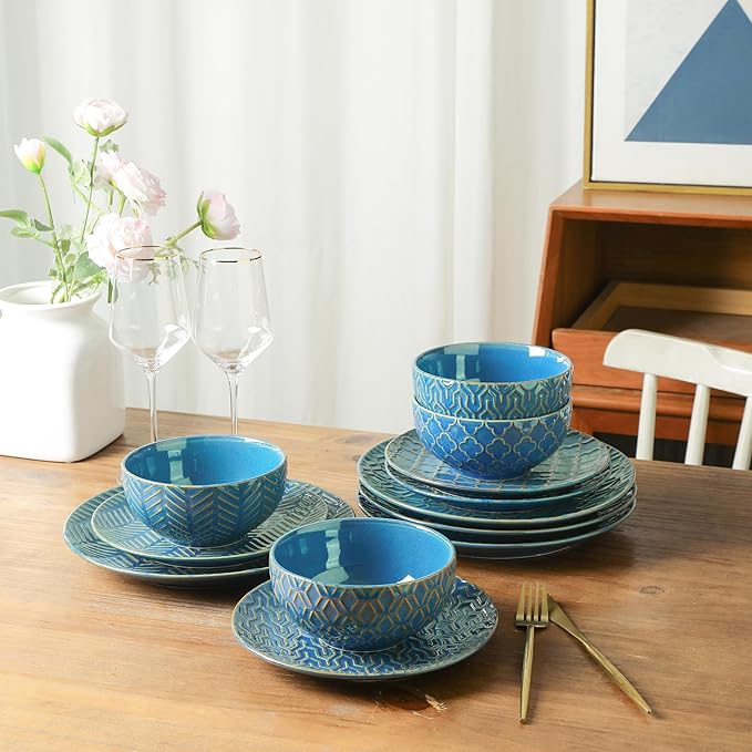 Sureasy 12-Piece Ceramic Dinnerware Set for 4 - Embossed Plates and Bowls Sets, Scratch Resistant Dish Set, Microwave, Oven & Dishwasher Safe, Blue