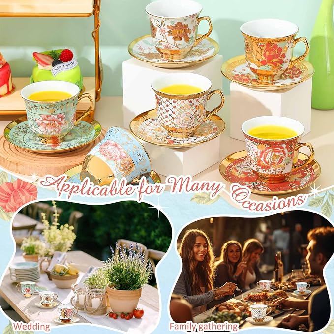 Teenyyou Set of 6 Tea Cups and Saucers Tea Party Decorations Floral Porcelain - Image 2