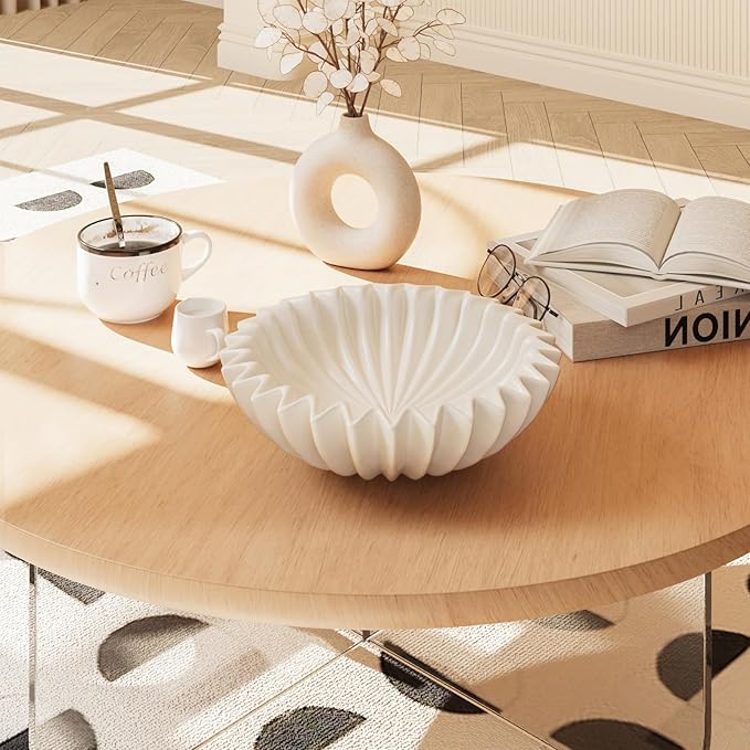 Ceramic Fruit Bowl for Kitchen Counter Large Ivory Decorative Bowl Modern Home Decor 12 Inches Key Bowl Ruffle Fluted Scalloped Bowl