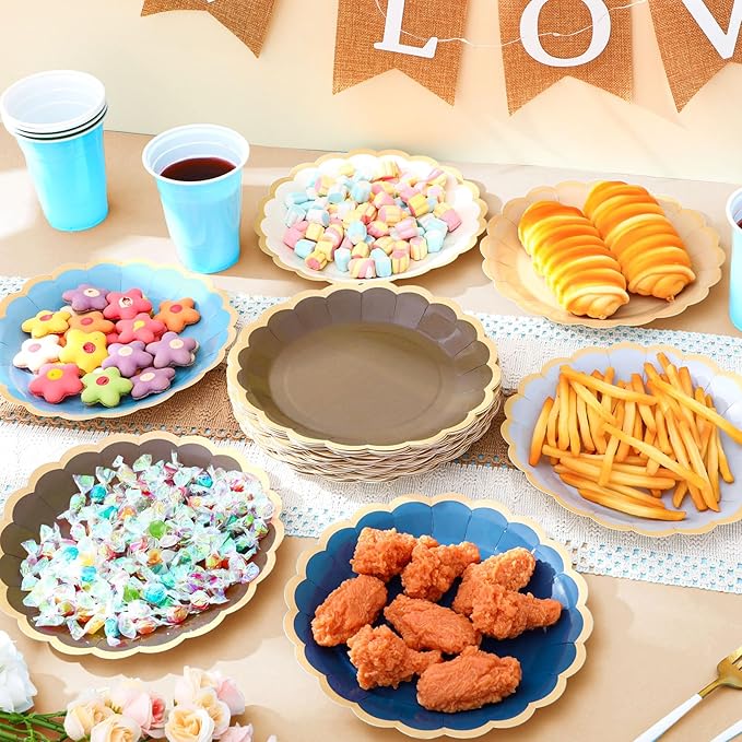 48 Pcs Blue Brown Paper Plates 9 Inch Gradient Scalloped Paper Plates Disposable Dinner Dessert for Birthday Wedding Bridal Party Supplies, 6 Colors