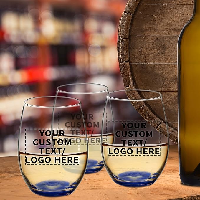 DISCOUNT PROMOS 10 ARC Stemless Wine Glasses Set, 21 oz. - Customizable Text, Logo - Chardonnay, Cabernet, Merlot, Sauvignon - Blue