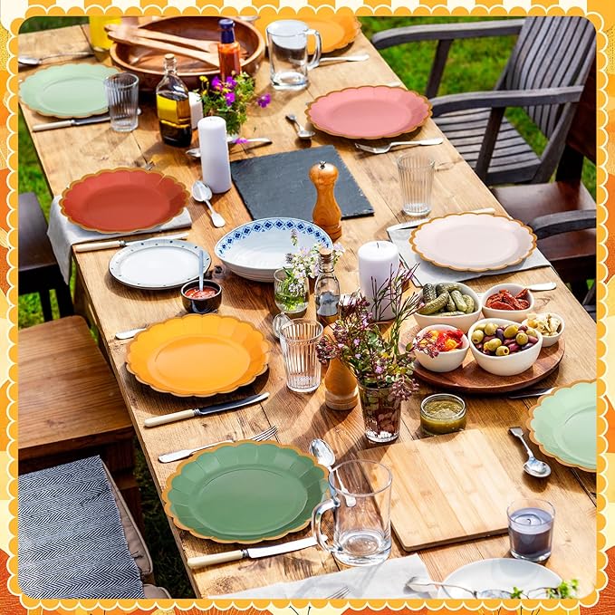 96 Pcs Fall Boho Paper Plates 9 Inch Gradient Scalloped Paper Disposable Dinner Dessert Plates for Birthday Wedding Bridal Party Supplies, 6 Colors