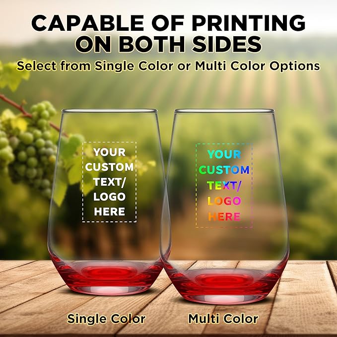 DISCOUNT PROMOS 100 Vaso Silicia Stemless Wine Glasses Set, 16 oz. - Personalized Text, Logo - Clear, Orb-Like, Thick base - Red