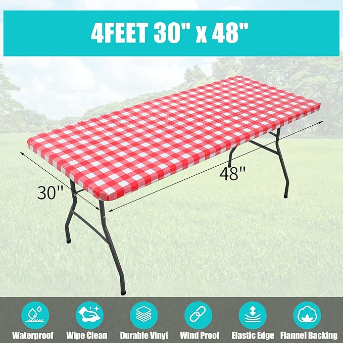 Smiry Rectangle Picnic Table Cloth, Elastic Waterproof Fitted Vinyl Tablecloths, Flannel Backed Buffalo Plaid Table Covers for Dining, Camping, Outdoor (White and Red, 30" x 48")