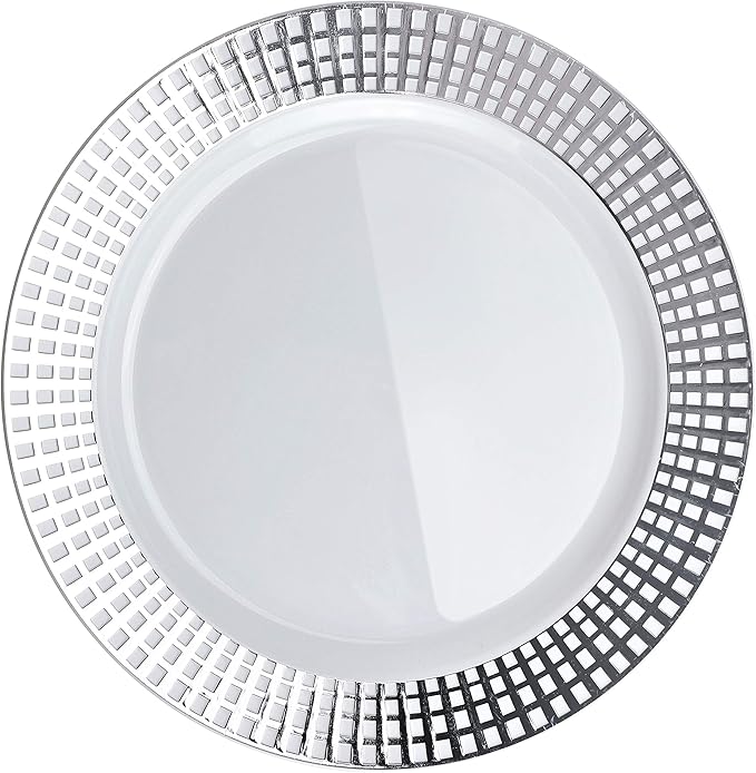 OCCASIONS 120 Plates Pack,(60 Guests) Premium Wedding Party Disposable Plastic Plates Set -60 x 10.25'' Dinner + 60 x 7.5'' Salad/Dessert (Princess White/Silver)