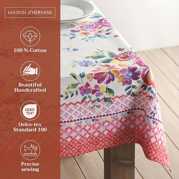 Maison d' Hermine Table Cloth Square Table 100% Cotton 54 x 54 Inches Tablecloth Reusable Decorative for Dining Room Farmhouse Home Valentines Day Decorations Spring Summer - Rose Garden