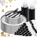 SUT 175 Pcs Black and Clear Plastic Dinnerware Set by SeeYouTomorrow