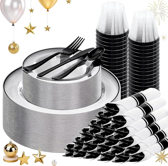 SUT 175 Pcs Black and Clear Plastic Dinnerware Set by SeeYouTomorrow