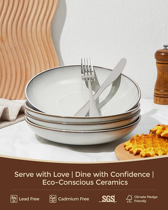 Pasta Bowls 30 oz, Terracotta Ceramic Plate Bowls for Kitchen, Microwave & Dishwasher Safe, Large Wide Serving Bowls for Salad/Soup/Noodle/Dessert, Moonstone White