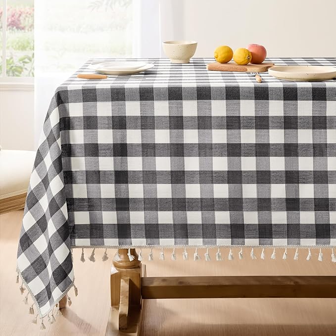 Softalker Checkered Tablecloth Rectangle, Outdoor Linen Cotton Gingham Table Cloth with Tassel, Heavy Duty Wrinkle Free Buffalo Plaid Table Cover for Kitchen Dining Home Party - 55 x 102 Inch, Black