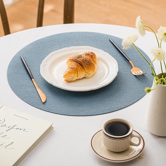 Jovono 15" Faux Leather Big Round Placemats Set of 8 - Washable Heat Resistant Non-Slip Dining Table Mats with Fabric Texture for Kitchen Home Party Decor, Light Blue