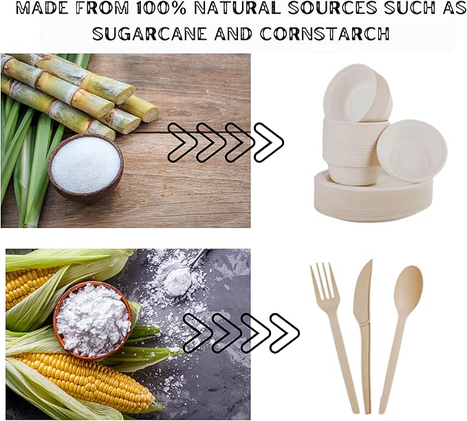 300pcs Compostable Paper Plates Set - Heavy-Duty Biodegradable Plates, Bowls & Cutlery - Ideal for Parties, Weddings, Picnics, Camping - Eco-friendly, Safe, BPA Free, Microwave Safe