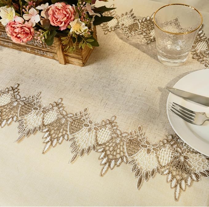 Phantomon Neutral Linen Table Runner 51 Inches Beige Embroidered Runner Lace - Image 4