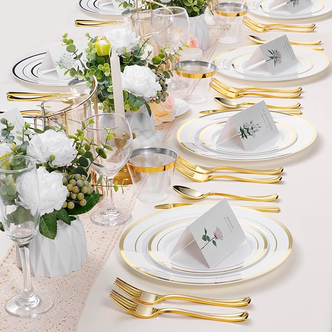 BESTSTAR 7 Inch White with Gold Rim Plastic Plates,100PCS Disposable Dessert/Appetizer/Small Cake Plates,Heavy Duty Plate Ideal for Christmas, Wedding and Birthday