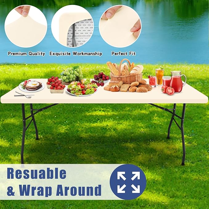 Spandex 8 Foot Rectangle Table Cloth 2 Pack, Elastic Fitted Tablecloths for Picnic, Stretch Washable Patio Table Cover for Outdoor, Camping, Banquet and Parties (Champagne, 36"x96")