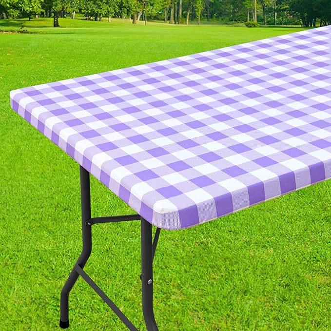 Smiry Rectangle Picnic Table Cloth, Elastic Waterproof Fitted Vinyl Tablecloths, Flannel Backed Buffalo Plaid Table Covers for Dining, Camping, Outdoor (White and Purple, 30" x 96")