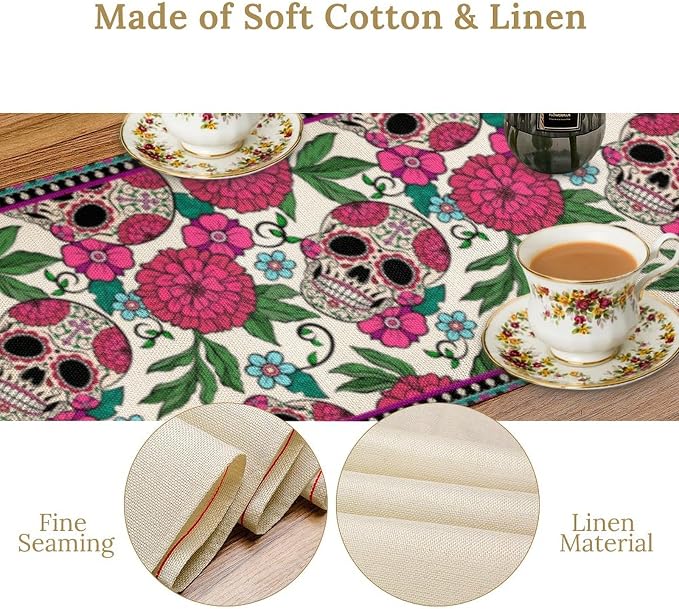 Dia De Los Muertos Table Runner Red Floral Cinco De Mayo Rustic Linen Mexican - Image 7