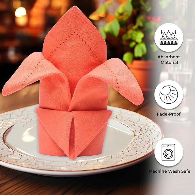 Urban Villa Cloth Napkins Set of 12(20x20 Inches)100% Cotton Hemstitch Napkins Cloth Washable Durable Reusable Absorbent Table Dinner Napkins Cloth for Hotel Lunch Restaurant Weddings Parties - Orange