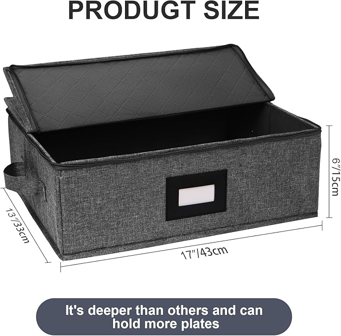 China Storage Containers, Platter Storage 17" x 13" x 6" for Dinnerware Storage and Transport, 5 Large Felt Dividers Included, Hard Shell and Stackable (Black)