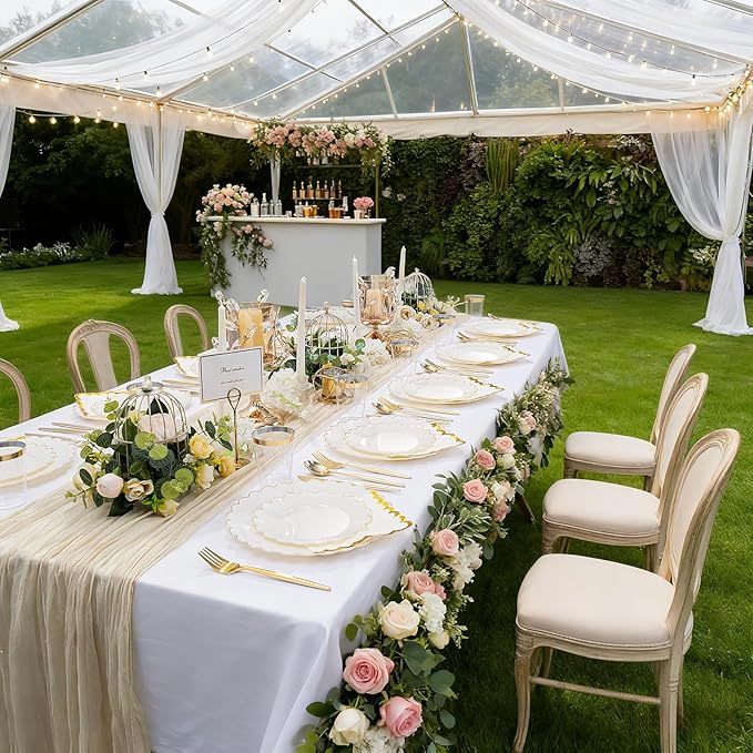 LIYH 210 Pcs Ivory Plastic Plates Scalloped Plastic Plates Disposable Dinnerware Set Cream Gold Scalloped Plate Include Plate Gold Silverware Napkins Cup for Birthday Valentine's Day 30 Guests