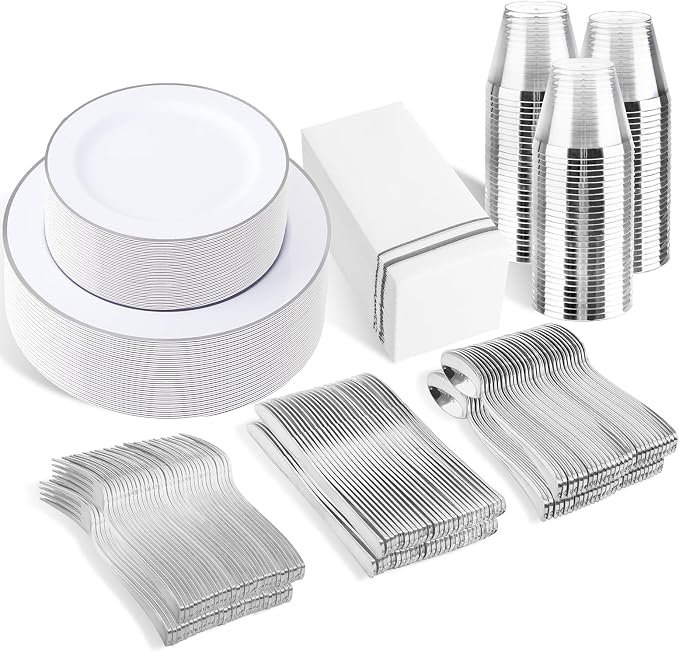 SUT 350 Piece Silver and White Plastic Dinnerware Set by SeeYouTomorrow