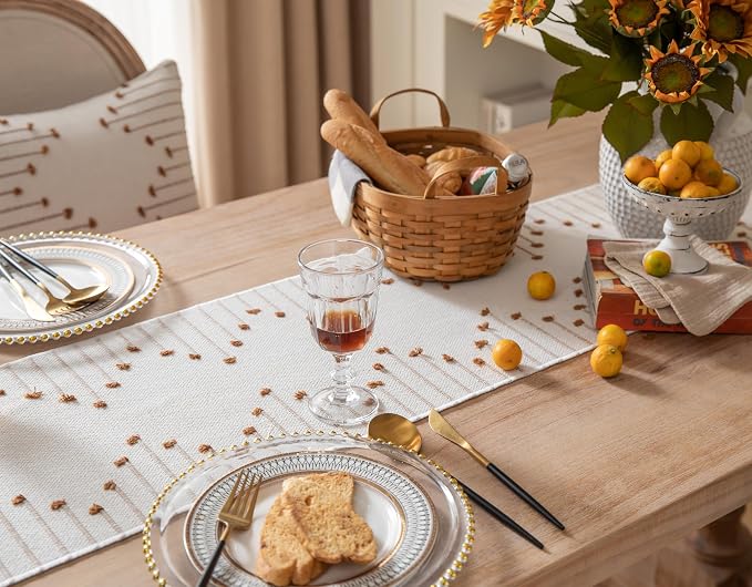 Boho Table Runner 13 x 108 Inch Long Natural Cotton Woven Runner - Image 3