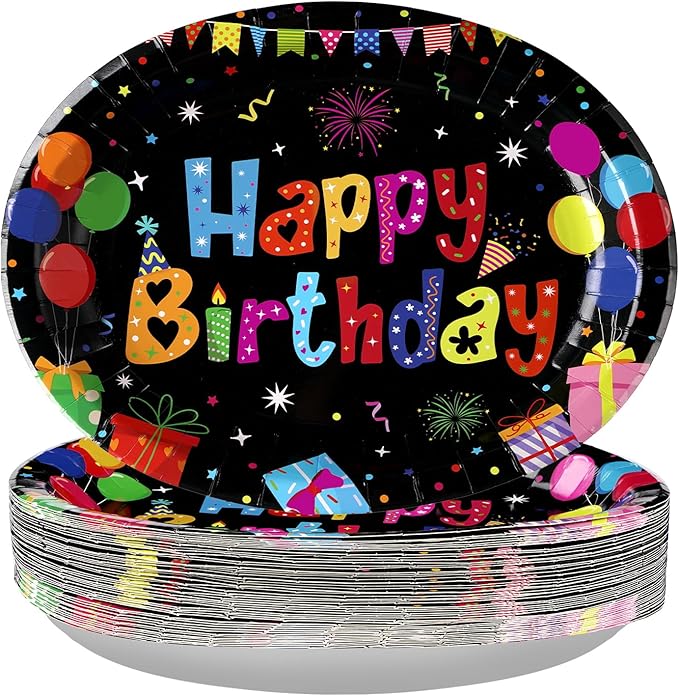 50 Pcs Happy Birthday Oval Paper Plates 10"x12" Large Colorful Black Birthday Plates Disposable Heavy Duty Birthday Theme Party Plates Happy Birthday Party Supplies for Boys Girls Birthday Party Decor