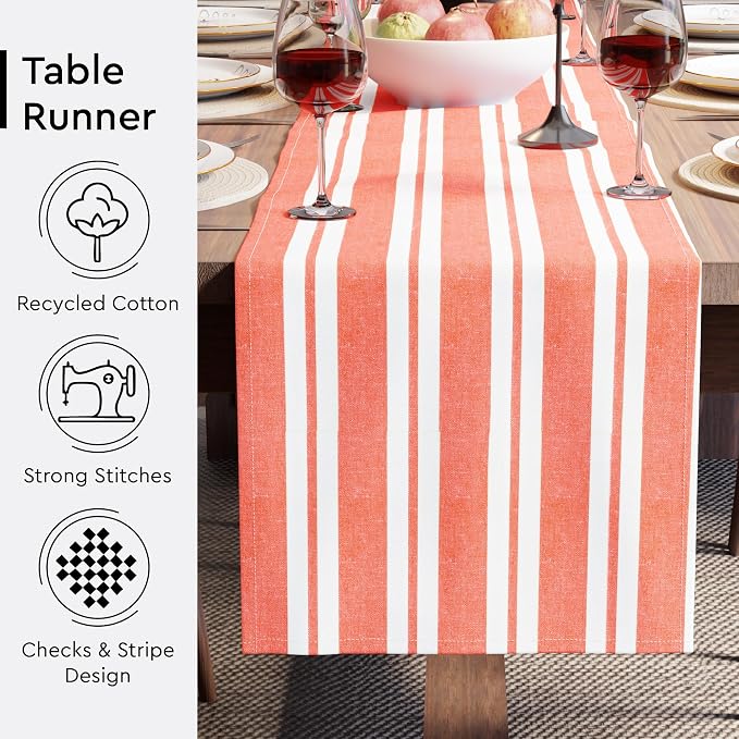 Encasa XO Table Runner, Woven Cotton Dining Runner 13"x94" Franca Orange Stripes - Image 3
