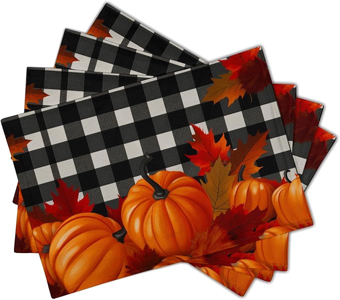 Pumpkins Placemats Set of 4 - Fall Buffalo Plaid Place Mats 12x18 Inch Autumn Farmhouse Pumpkin Table Mats for Kitchen Dining Room Thanksgiving Holiday Party