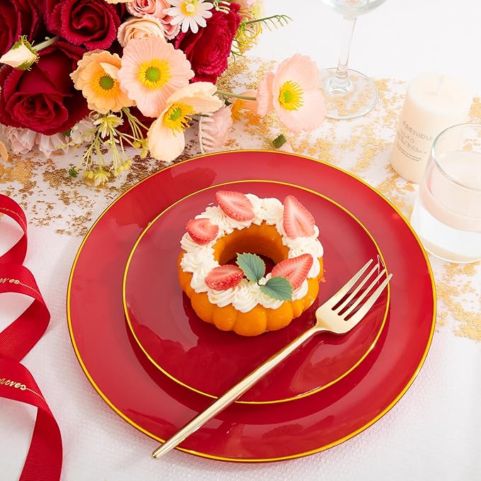 I00000 150Pcs Red Plastic Plates with Gold Rim,Fancy Plastic Plates,Nice Disposable Plates Set include 30 Dinner Plate,30 Dessert Plate, 90 plastic Silverware Set for Valentine's Day