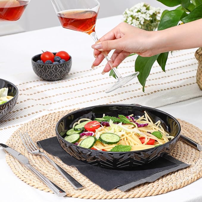 Sureasy 9.7" Pasta Bowls Set of 4-42 oz Large Salad Bowls for Kitchen, Embossed Ceramic Serving Bowls for Fruits, Soup, Pasta and Salad, Microwave & Dishwasher Safe, Black