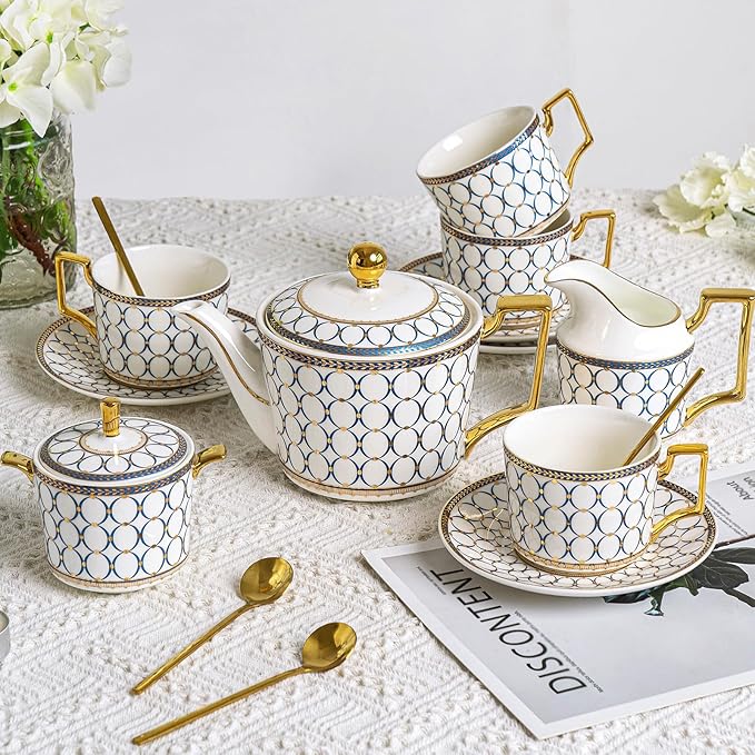 CwlwGO- Bone China Tea Cup Sets, 15-Pieces Tea Cup and Saucer Set Service by HappleCwlwgoHome