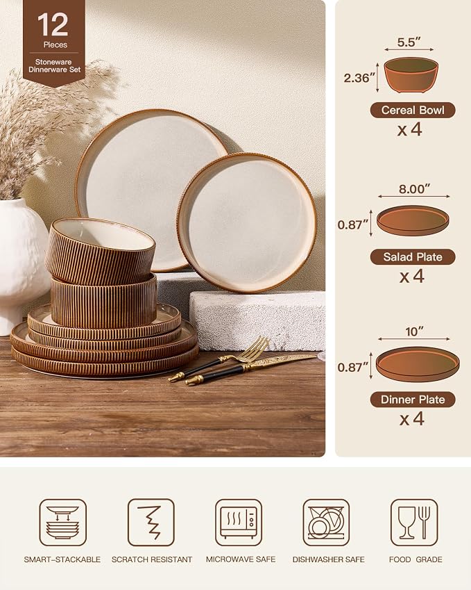 Stoneware Dinnerware Set for 4, Cream Brown Reactive Glaze | 12 pcs Ceramic - Image 7