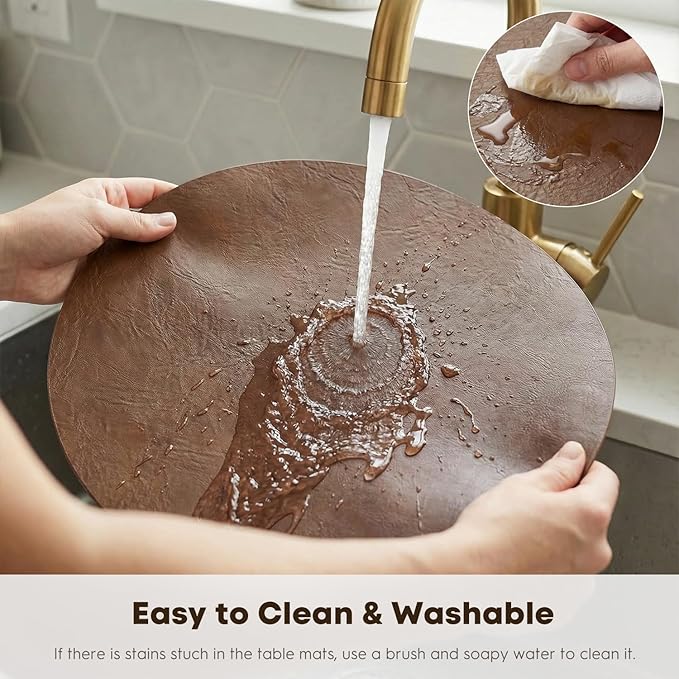 Artoid Mode Brown Faux Leather Placemats Set of 4, 15 Inch Waterproof Wipeable Heat Resistant Vinyl Place Mats, Reversible Table Mats for Kitchen Dining Decor