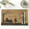 DaDalogy Farmhouse Rustic Dining Placemats - Set of 4 Tapestry Woven Cotton Halloween Kitchen Table Mats Fall Silhouette Decor - Family Cozy Cabin Orange Tan Black Decorative - 13” x 19”