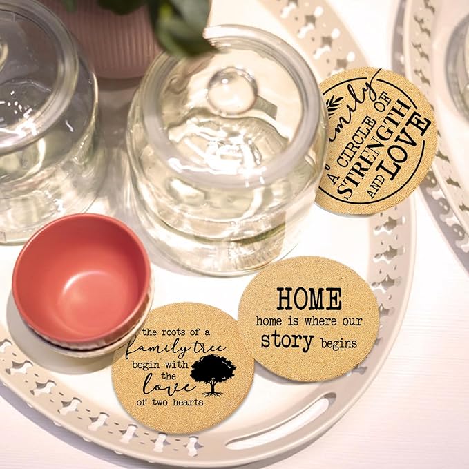 Coasters for Drinks with Holder Set of 6, Family Coasters Home&Love Coaster for New Home Couples House Warming Gifts Absorbent Cork Wood for Cup Desk Coffee Table Office Kitchen Decor, Round 4"