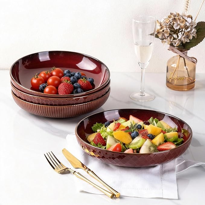 GBHOME 9.5'' Large Pasta Bowls, 42 Ounce Stoneware Salad Bowls for Kitchen, Ceramic Serving Bowls With Textured Pattern for Pasta,Fruit, Stews,Noodle, House-warming Gift,Set of 4-Burgundy Red