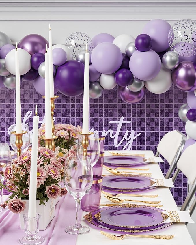 Nervure 350Pcs Purple Plastic Plates, Plastic Dinnerware Set - Image 5
