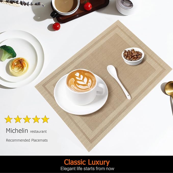 Khaki Vinyl Placemats Set of 12, Heat Resistant Table Placemats | 18x12 inch - Image 2
