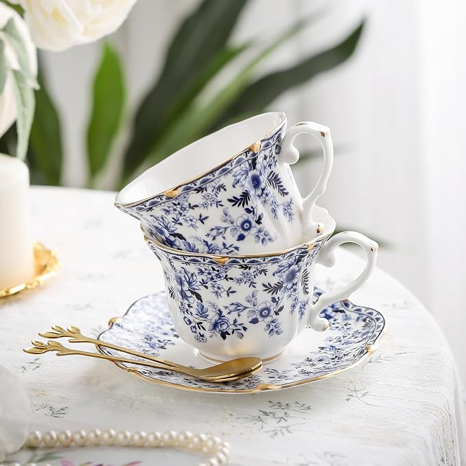 TATSUMI Country Roses Bone China Tea Cup and Saucer Set, 6 Pieces, Vintage Style - Image 2